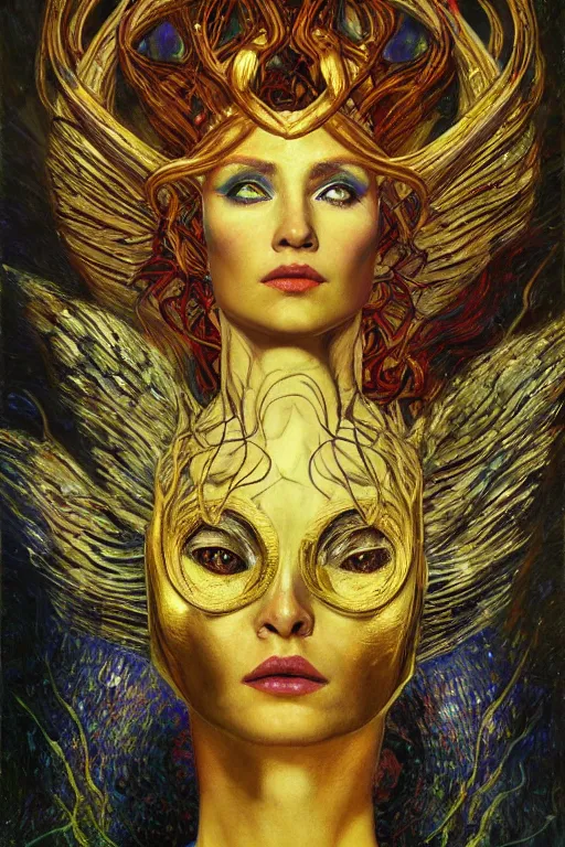 Image similar to Intermittent Chance of Chaos Muse by Karol Bak, Jean Deville, Gustav Klimt, and Vincent Van Gogh, Rebirth, Loki's Pet Project, Poe's Angel, Surreality, inspiration, imagination, sacred muse, otherworldly, fractal structures, arcane, ornate gilded medieval icon, third eye, spirals