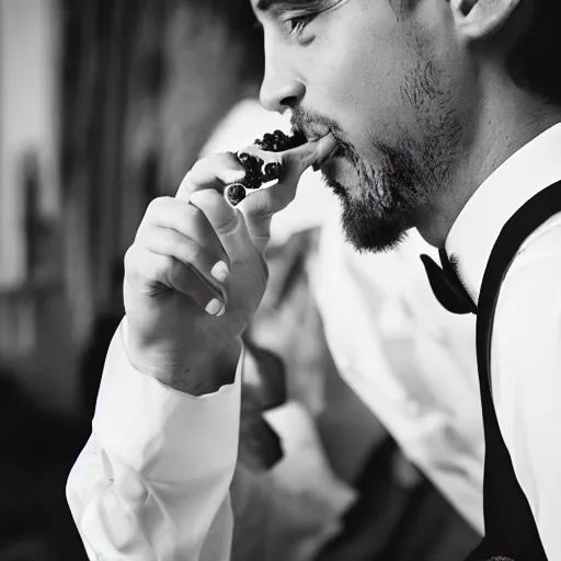 Prompt: photo of a man at his wedding day eating fruit