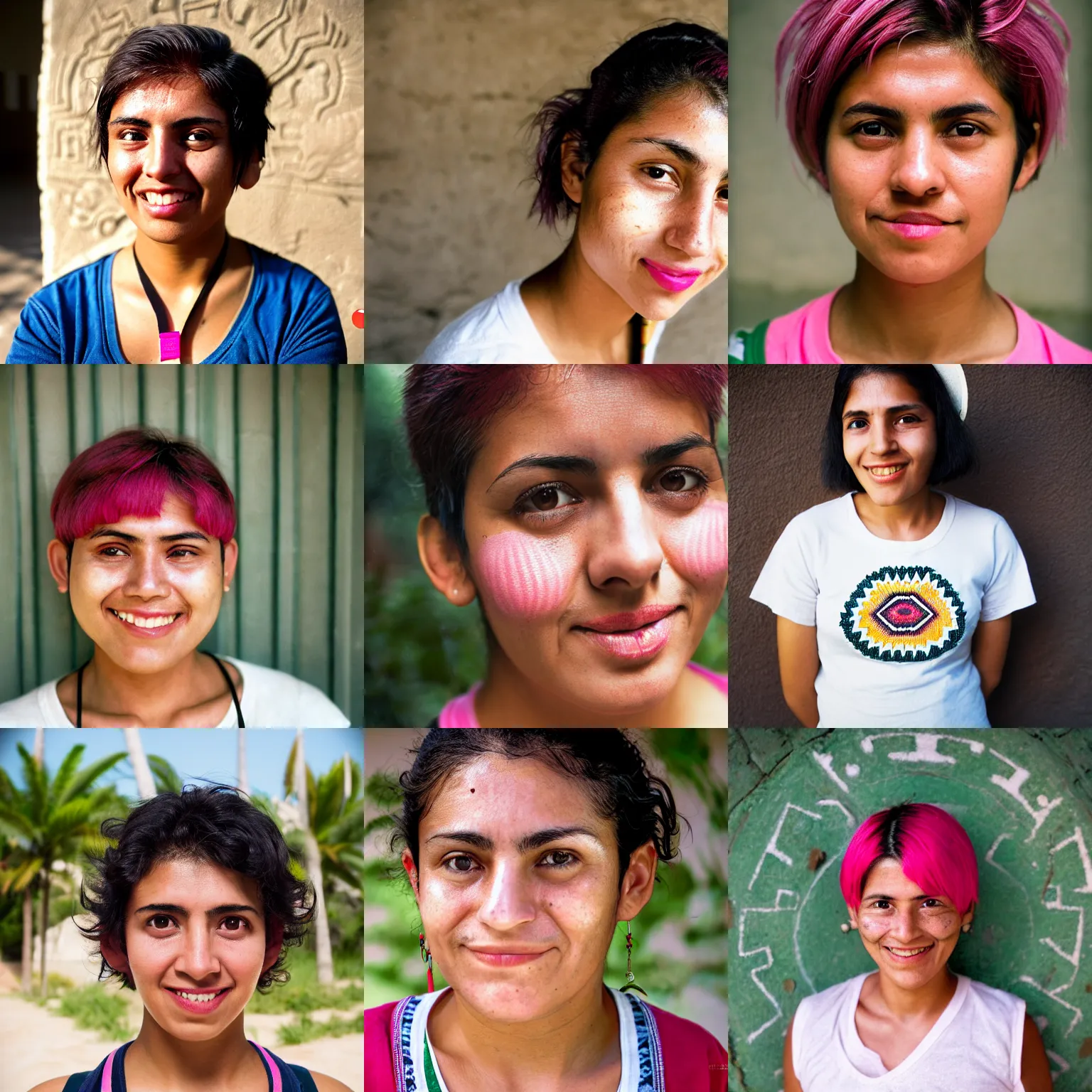 Prompt: photograph of a mexican aztec, slightly oval round face, short pink stylish hair, wide set downturned eyes, young adult woman smiling wearing a white t - shirt and a lanyard, thin lips, straight hair, nice olive skin, slightly medium width greek nose taken by steve mccurry