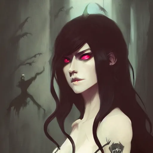 Image similar to female human vampire witch in the style of greg rutkowski, makoto shinkai, trending on artstation, character design, concept art, pretty face, highly detailed, long black hair, portrait, digital art