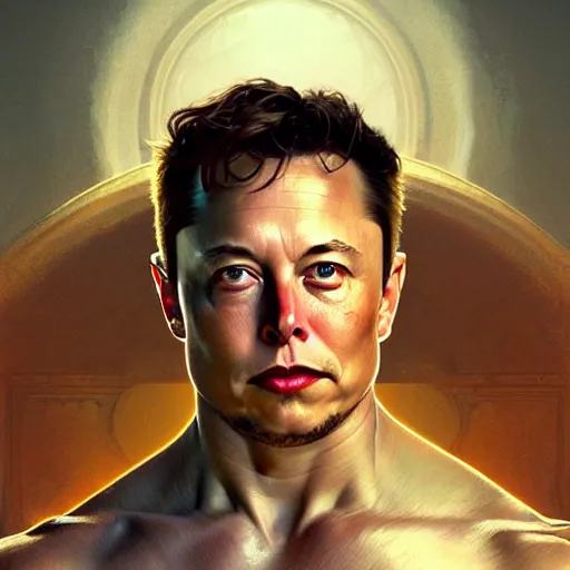 Image similar to Elon Musk as a Greek god, gorgeous, amazing, muscular, fit, intricate, highly detailed, digital painting, artstation, concept art, sharp focus, illustration, art by greg rutkowski and alphonse mucha