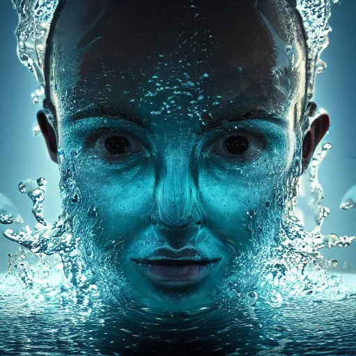 Prompt: water artwork manipulation in the shape of a human head, on the ocean water, futuristic, glowing, hyper realistic, ray tracing, realistic water, sharp focus, long shot, 8 k resolution, cinematic, photoshop water art