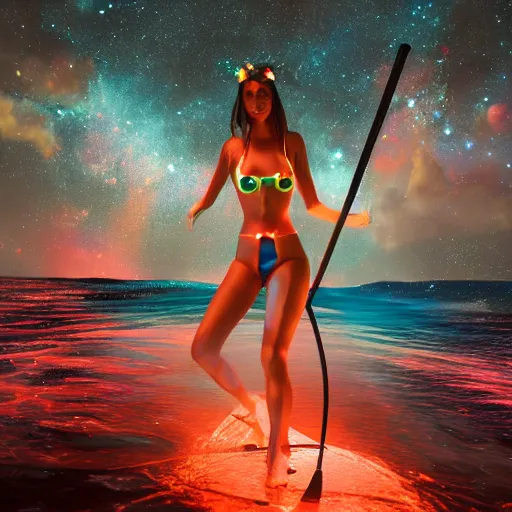 Prompt: bikini anime girl bioluminescent paddleboarding through deep space by highway man painting, stars, galaxies, photorealistic, high resolution, vray, hdr, hyper detailed, insane details, intricate, elite, ornate, elegant, luxury, dramatic lighting, octane render, weta digital, micro details, 3 d sculpture