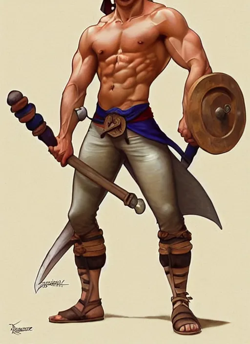 Image similar to cute muscular jack laugher wearing barbarian tunic, natural lighting, path traced, highly detailed, high quality, digital painting, by don bluth and ross tran and studio ghibli and alphonse mucha, artgerm