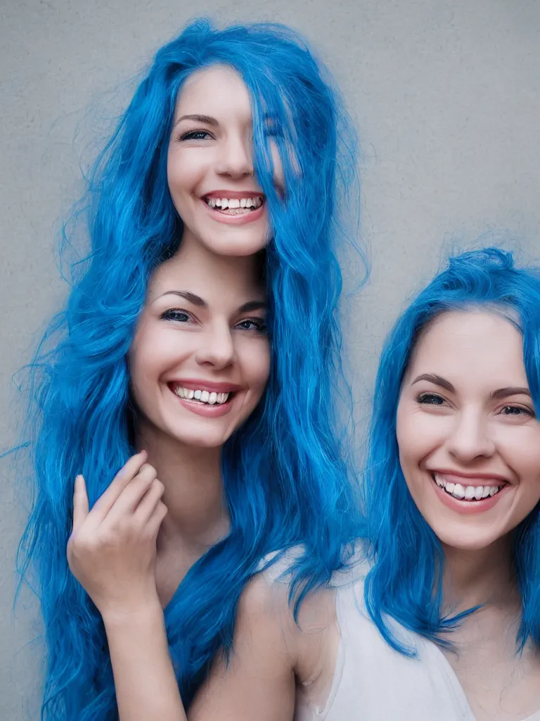 Image similar to Portrait of a woman with blue hair and smiling, ultra-realistic,