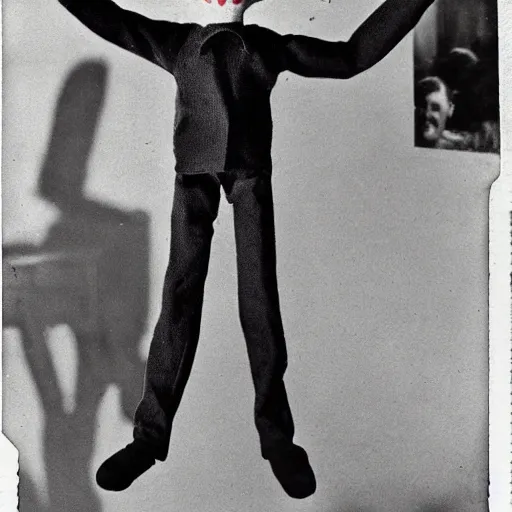 Prompt: 1 9 5 0 s, creepy puppet jumping towards viewer, horror, lost photograph, forgotten, final photo found before disaster, polaroid,