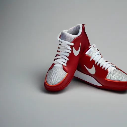 Image similar to a studio photoshoot of Nike sneakers designed by Tom Sachs, leather with mesh material, gum rubber outsole, realistic, color film photography by Tlyer Mitchell, 35 mm, graflex