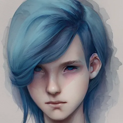 Image similar to young boy, blue hair, pink eyes, gorgeous, amazing, feminine, elegant, intricate, highly detailed, watercolor, artstation, concept art, sharp focus, portrait, illustration, art charlie bowater and Ross tran