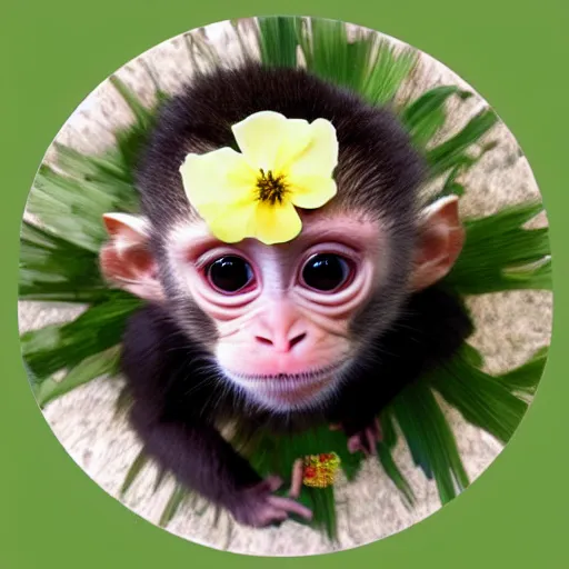 Image similar to cute baby monkey with flower crown fisheye lens