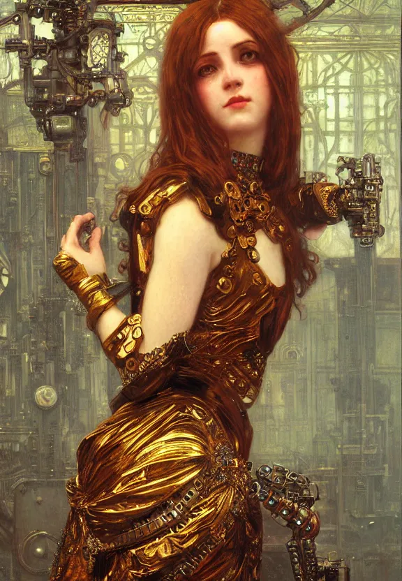 Prompt: portrait of a mechanical girl, ornamental, photorealistic, photorealism, cinematic atmosphere, elaborate, highly detailed, ornate, futuristic, dramatic lighting, 4 k, by waterhouse, mucha,
