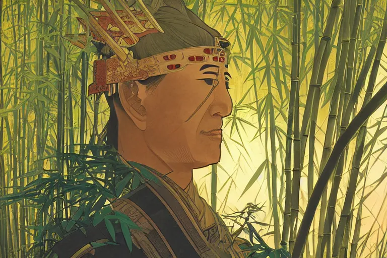 Image similar to close up of samurai in full armor, in a mysterious and bamboo forest, golden hour, by fiona staples, range murata, alphonse mucha