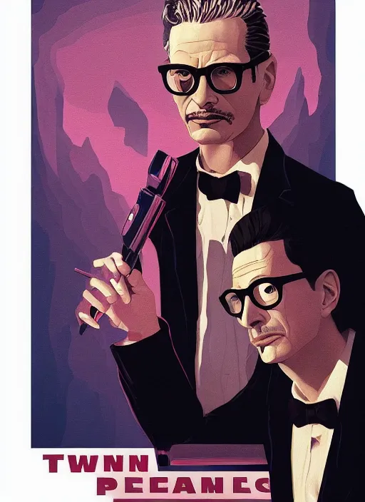 Prompt: Twin Peaks poster artwork by Artem Chebokha, Michael Whelan and Tomer Hanuka, Rendering of close up portrait of Jeff Goldblum hotel owner, full of details, by Makoto Shinkai and thomas kinkade, Matte painting, trending on artstation and unreal engine