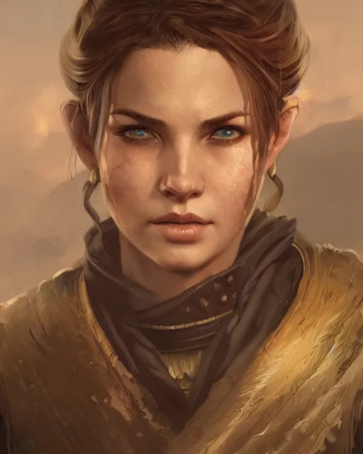 Image similar to the elder scrolls vi, charismatic rugged female nord warrior portrait, illustration, rim light, top light, perfectly shaded, golden hour, epic, intricate, soft painting, art by ross tran, krenz cushart and wenjun lin