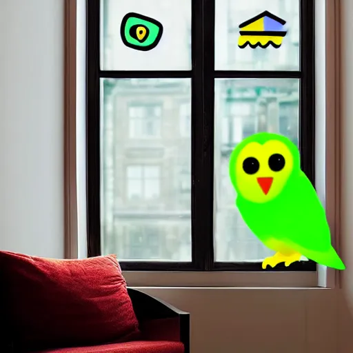 Image similar to green duolingo owl outside a window, living room, night, dark, lamp