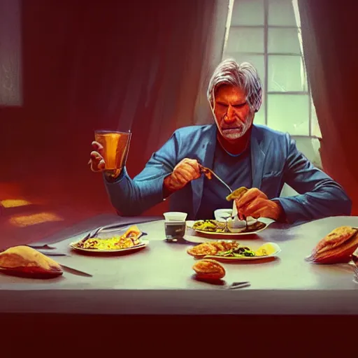 Prompt: harrison ford eating breakfast, colorful, contrast, 3 d scene, greg rutkowski, zabrocki, karlkka, jayison devadas, trending on artstation, 8 k, ultra wide angle, zenith view, pincushion lens effect