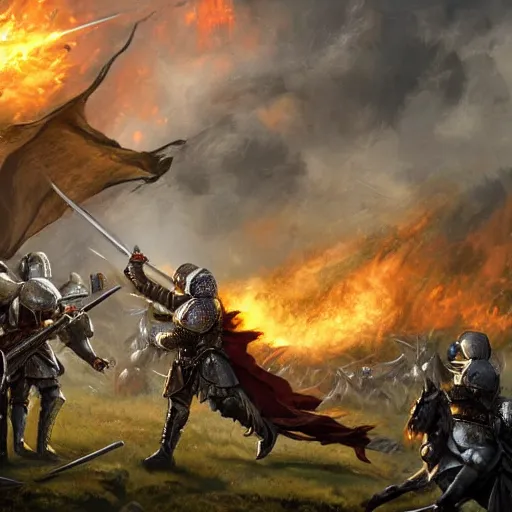 Image similar to war torn medieval battlefield, figures fighting in the distance, gleaming knights in resplendent armour locked in battle against dragons spewing fire, dnd, fantasy, high quality, high definition, concept art, smooth