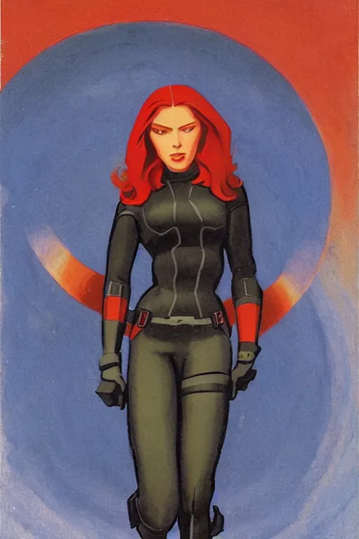 Image similar to black widow ( natasha romanova ), marvel, artwork by nicholas roerich,