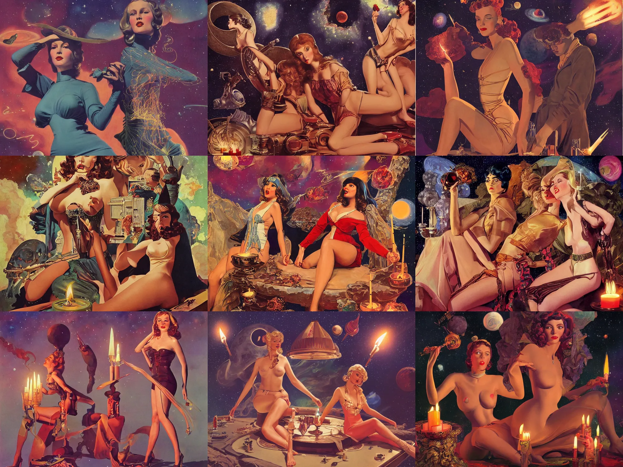 Prompt: pulp art, artwork by Joseph Leyendecker and Robert McGinnis and Alfred Henry Maurer, 3d octane blender render, Hipple and boho fashion 1970s, space and nebulas, candles, pin up girl, progressive rock album cover