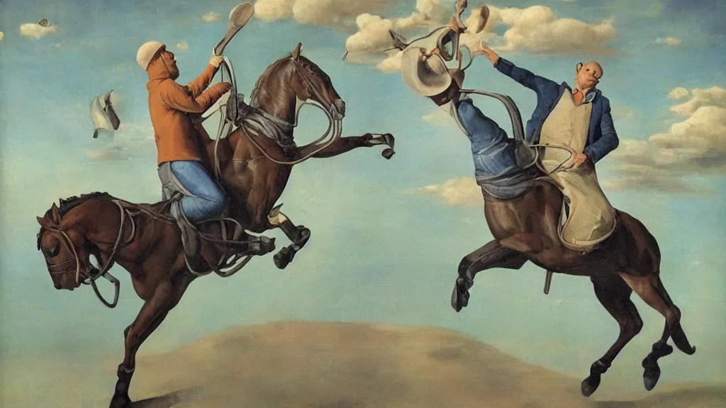 Prompt: a horse stands on a man. a horse on a man's head, a horse riding an astronaut, surrealism, surrealist