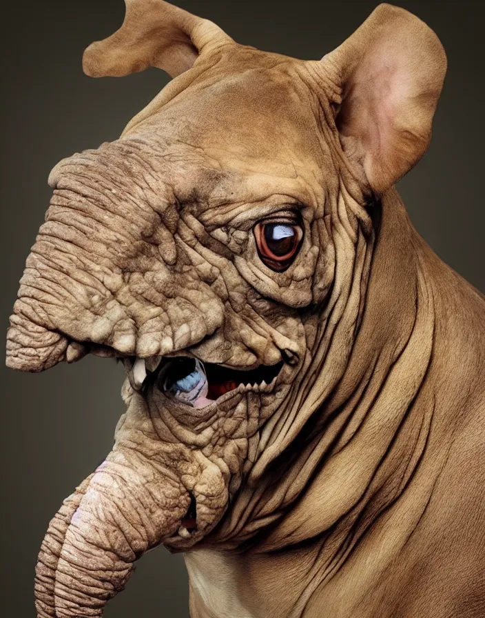 Image similar to portrait of muscular animal human merged head skin ears, no background, scales skin dog, cat merged elephant head cow, chicken face morphed fish head, gills, horse head animal merge, morphing dog head, animal eyes, merging crocodile head, anthropomorphic creature