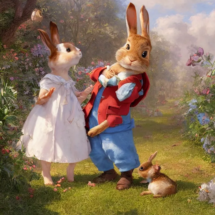Prompt: babs and buster bunny in peter rabbit, digital art by eugene de blaas and ross tran, vibrant color scheme, highly detailed, in the style of romanticism, cinematic, artstation, greg rutkowski