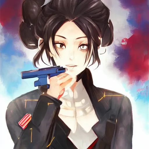 Image similar to a woman with a gun in her hand, a character portrait by shitao, trending on pixiv, sots art, official art, pixiv, anime