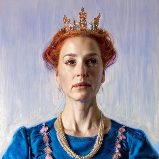 Prompt: frontal portrait of a queen dressed in blue and pink, by donato giancola.