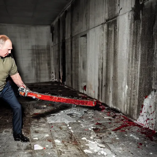 Image similar to putin with a chainsaw and a corpse. in a concrete bunker. focus on putins face with blood splatters. canon eos r 3, f / 1. 4, iso 1 6 0 0, 1 / 8 0 s, 8 k, raw, grainy