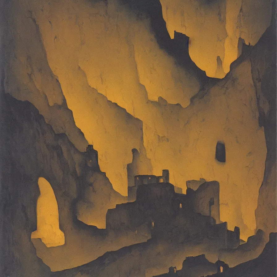 Prompt: a detailed oil painting of dark eerie ominous cave, prison cell, by nicholas roerich, by frank frazetta, by hans emmenegger, by bruce pennington, by eyvind earle, moisture, grainy, highly detailed, realistic, outline, line,