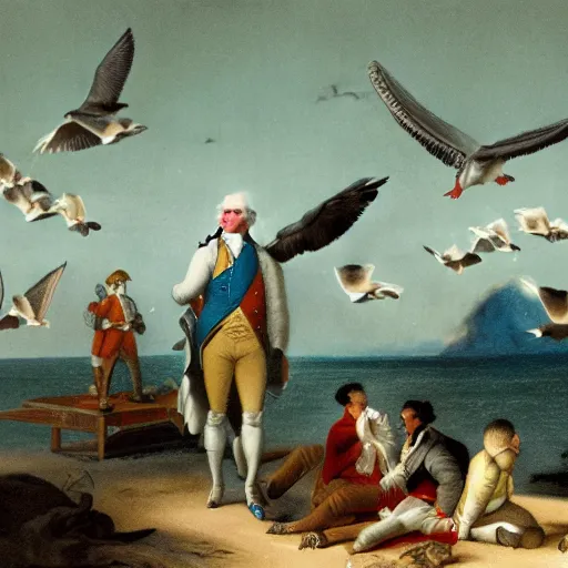 Prompt: a photochrom of George Washington surviving on seagulls while stranded on a desert island