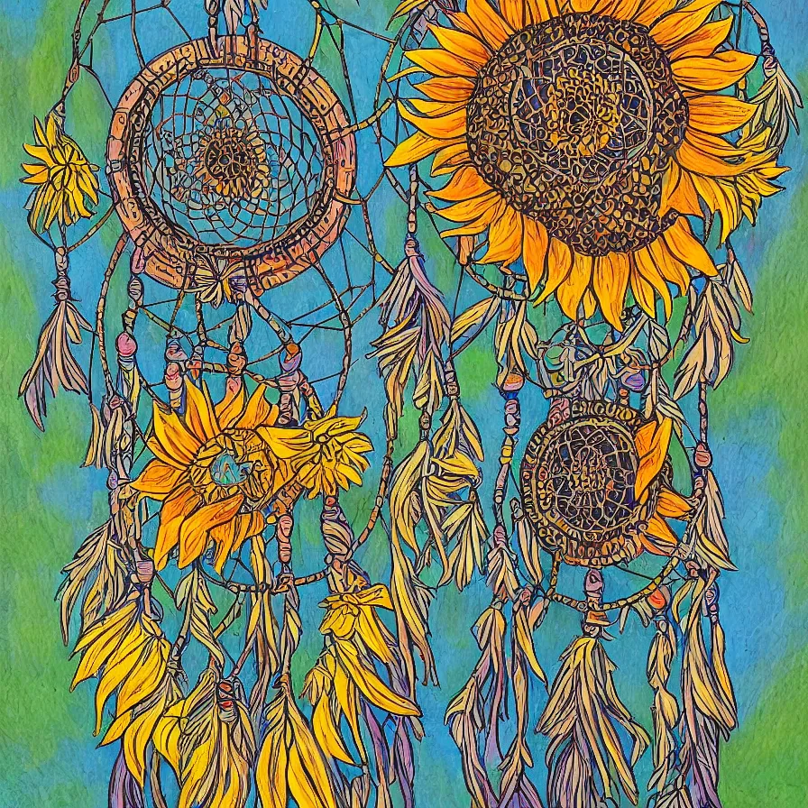 Image similar to Artwork about a magnificent sunflower within a tribal dreamcatcher that contains a huge treehouse