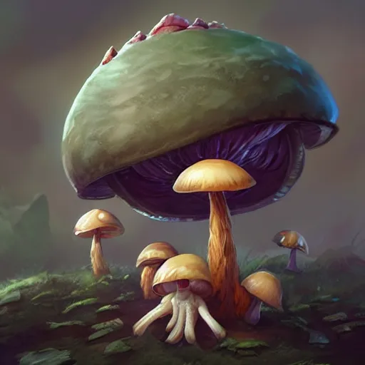 Image similar to a DND mushroom based monster, made by Stanley Artgerm Lau, WLOP, Rossdraws, ArtStation, CGSociety, concept art, cgsociety, octane render, trending on artstation, artstationHD, artstationHQ, unreal engine, 4k, 8k,