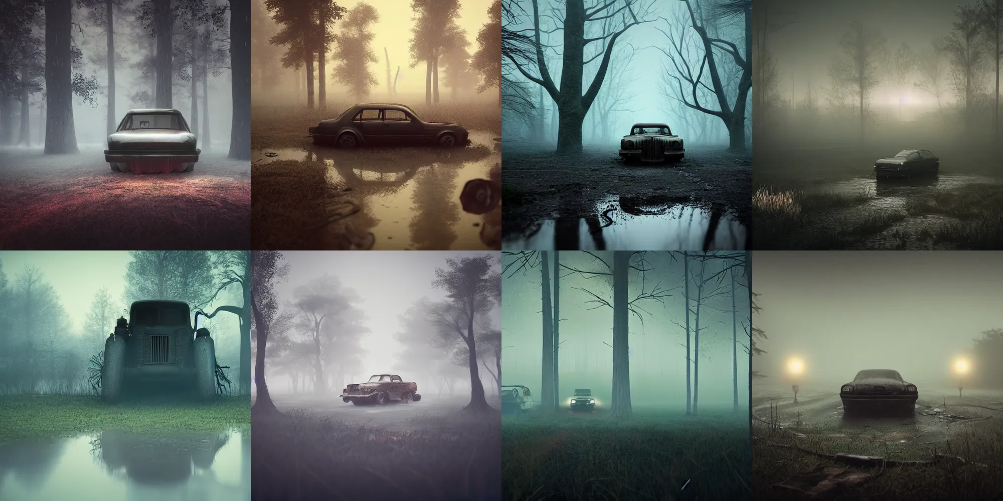 Image similar to beautiful dark creepy foggy swamp landscape, old abandoned car sinking, in the style of beeple and Mike Winkelmann, intricate, epic lighting, cinematic composition, hyper realistic, 8k resolution, unreal engine 5,