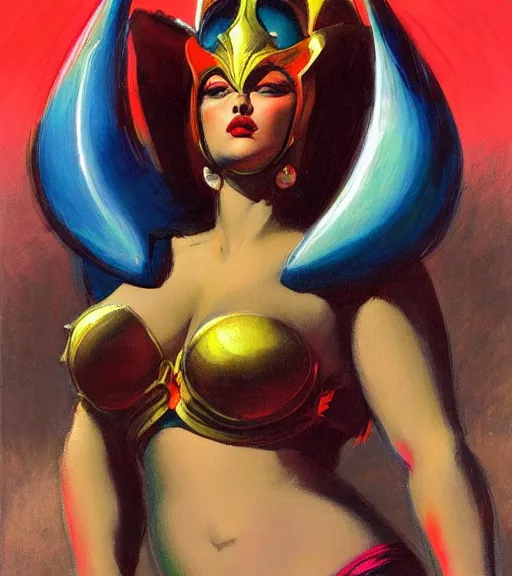 Image similar to portrait of plus size iranian female chaos angel, beautiful! coherent! by frank frazetta, by brom, strong line, vivid neon color, shining metal power armor, iron helm, high contrast, maximalist