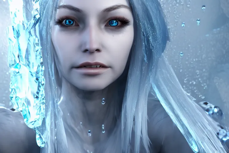 Image similar to HD render of Malevolent Ice Queen with ice droplets on forehead in the style of Artstation, Unreal Engine, photorealistic, reflective