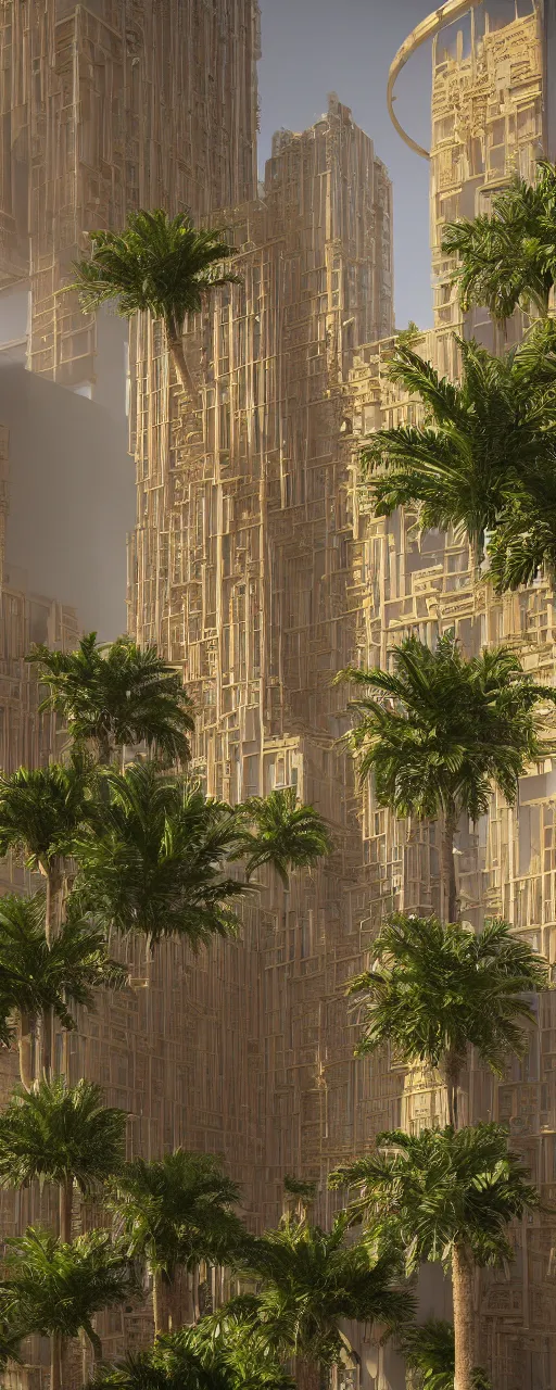 Image similar to solarpunk, eye level view of a contemporary babylon tower, golden intricate details, stone facade, sacred architecture, hanging gardens, cascading highrise, arid mountains with lush palm forest, photorealistic, sunlight, post - production, octane, cgi, sfx