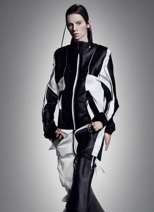 Image similar to an octane render realistic portrait by nick knight of a russian girl detailed features wearing a cargo wedding dress - sporty, sleek, tech utility - chic trend. lots of zippers, pockets, synthetic materials, jumpsuits chic'techno fashion trend by issey miyake and balenciaga