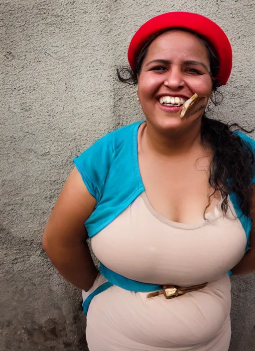 Prompt: Mid-shot portrait of a beautiful, chubby, 30-year-old woman from Cuba, smiling, candid street portrait in the style of Martin Schoeller, award winning, Sony a7R