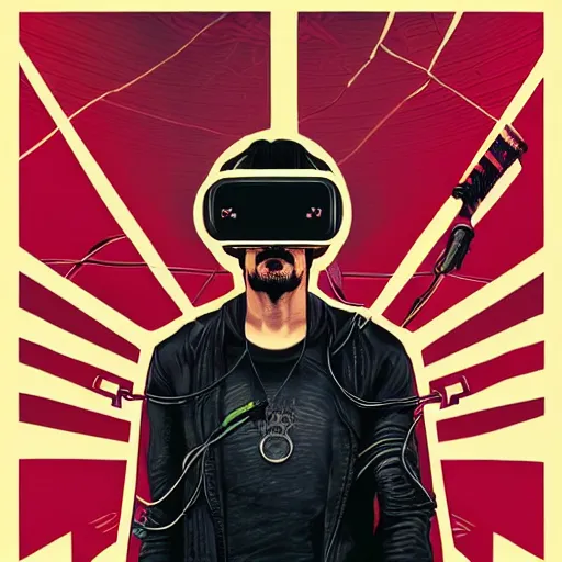 Image similar to Illustrated by Shepard Fairey and H.R. Geiger | Cyberpunk Keanu Reevse with VR helmet, surrounded by cables