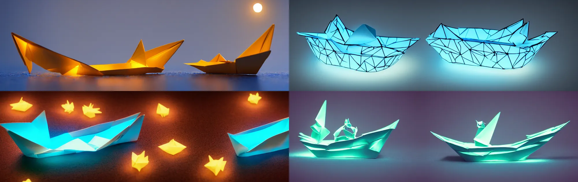 Prompt: A magic glowing paper origami boat on a bathub, flying particle, 4k, digital art, artstation