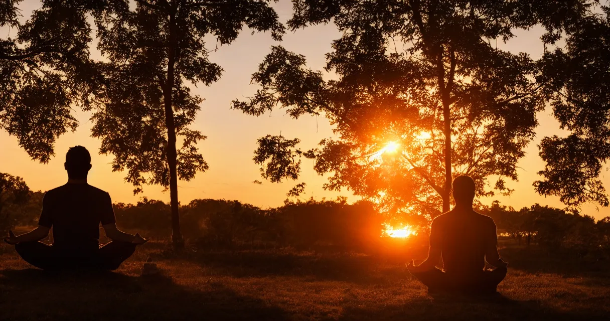 Image similar to wide range backlit photo of a man meditating, at a beautiful sunset, highly detailed, colorful,