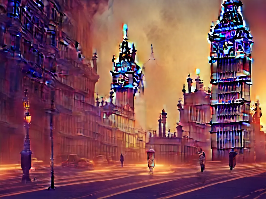 Image similar to a giant ancient beautiful cyborg of the elder gods with pipes and tubes in the city of London, London streets with bigben in the background, colourful, dramatic lighting, golden hour, very detailed octane render very realistic beautiful