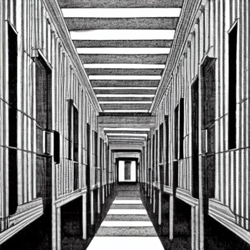 Image similar to high school hallways, mc escher painting