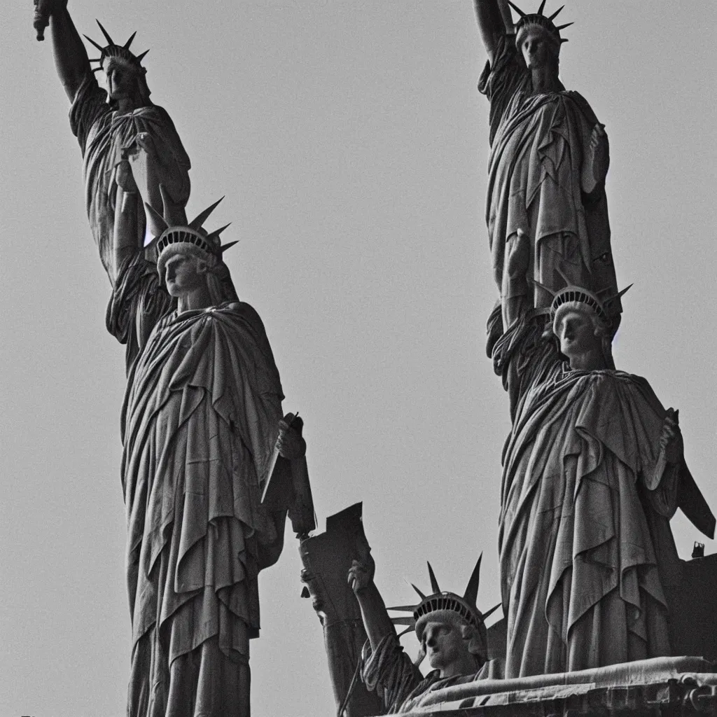 Prompt: Joe Biden riding the statue of liberty into battle against fascists, grainy film, shallow depth of field