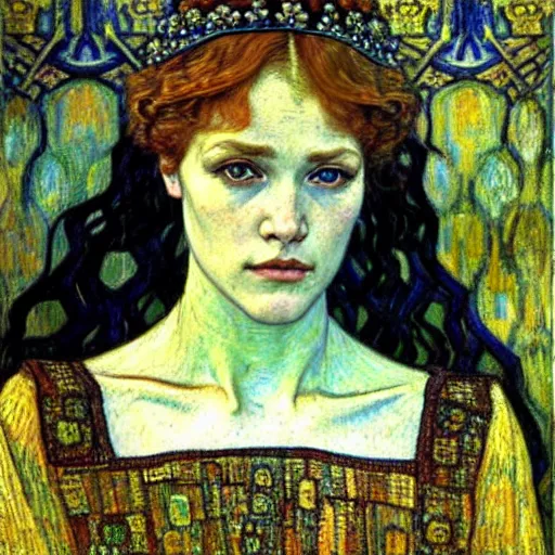 Image similar to detailed realistic beautiful young medieval queen face portrait by jean delville, gustav klimt and vincent van gogh, art nouveau, symbolist, visionary, gothic, pre - raphaelite, muted earthy colors, desaturated