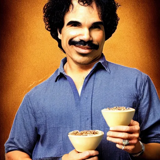 Prompt: musician john oates face merged with a bowl of oats, face, stylized, minimalist, hyper realistic, simple background