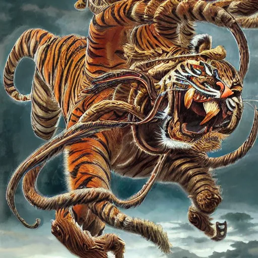 Prompt: a hyperdetailed design of a tiger whole body, five tails, tiger structure, ferocious, chinese mythology, victo nga, fumo yoshitoshi, ren jing jeong, feifei ruan, peter mohrbacher,, biomehieronymus spang, arunanondchai, murals, veileducationary, esllection, digital art