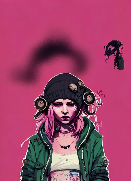 Image similar to highly detailed portrait of a sewer punk lady, tartan hoody, blonde ringlet hair by atey ghailan, by greg rutkowski, by greg tocchini, by james gilleard, by joe fenton, by kaethe butcher, gradient magenta, black, blonde cream and white color scheme, grunge aesthetic!!! ( ( graffiti tag wall background ) )