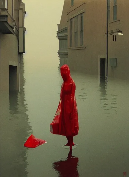 Image similar to futuristic woman dressed in transparent red plastic bags, on flooded street Edward Hopper and James Gilleard, Zdzislaw Beksinski, highly detailed