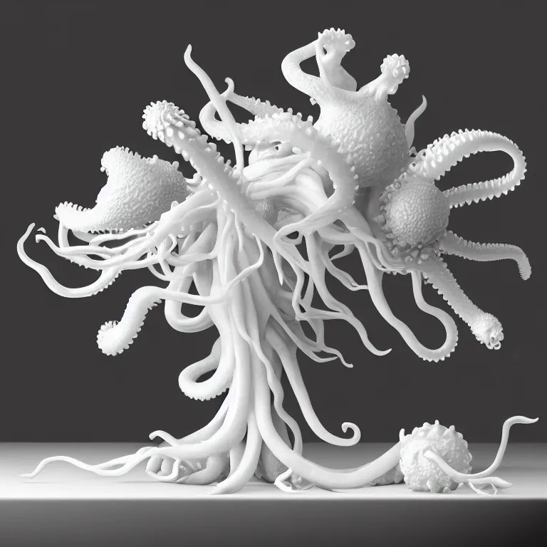 Image similar to still life of white flowers on a table, white alien squid, white octopus, , surreal alien ribbed white fruit, white human spine, baroque painting, beautiful detailed intricate insanely detailed octane render trending on Artstation, 8K artistic photography, photorealistic, chiaroscuro, Raphael, Caravaggio beautiful BW monochrome